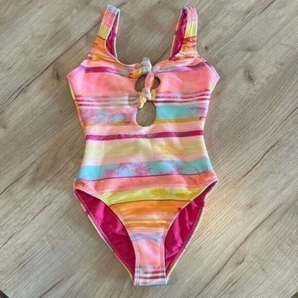 Decree Women One Piece Pink Multicolor Tropical Print Lined Bathing Suit Size XS